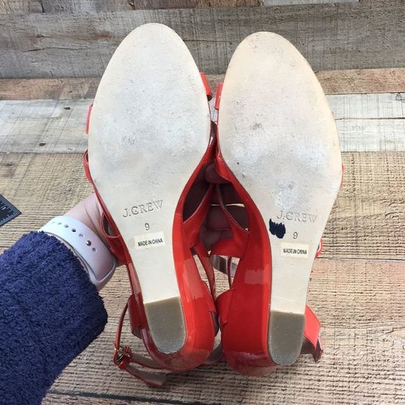 J. Crew Marci Patent Leather Strappy Wedge Sandals Orange Womens 9 - Picture 11 of 12